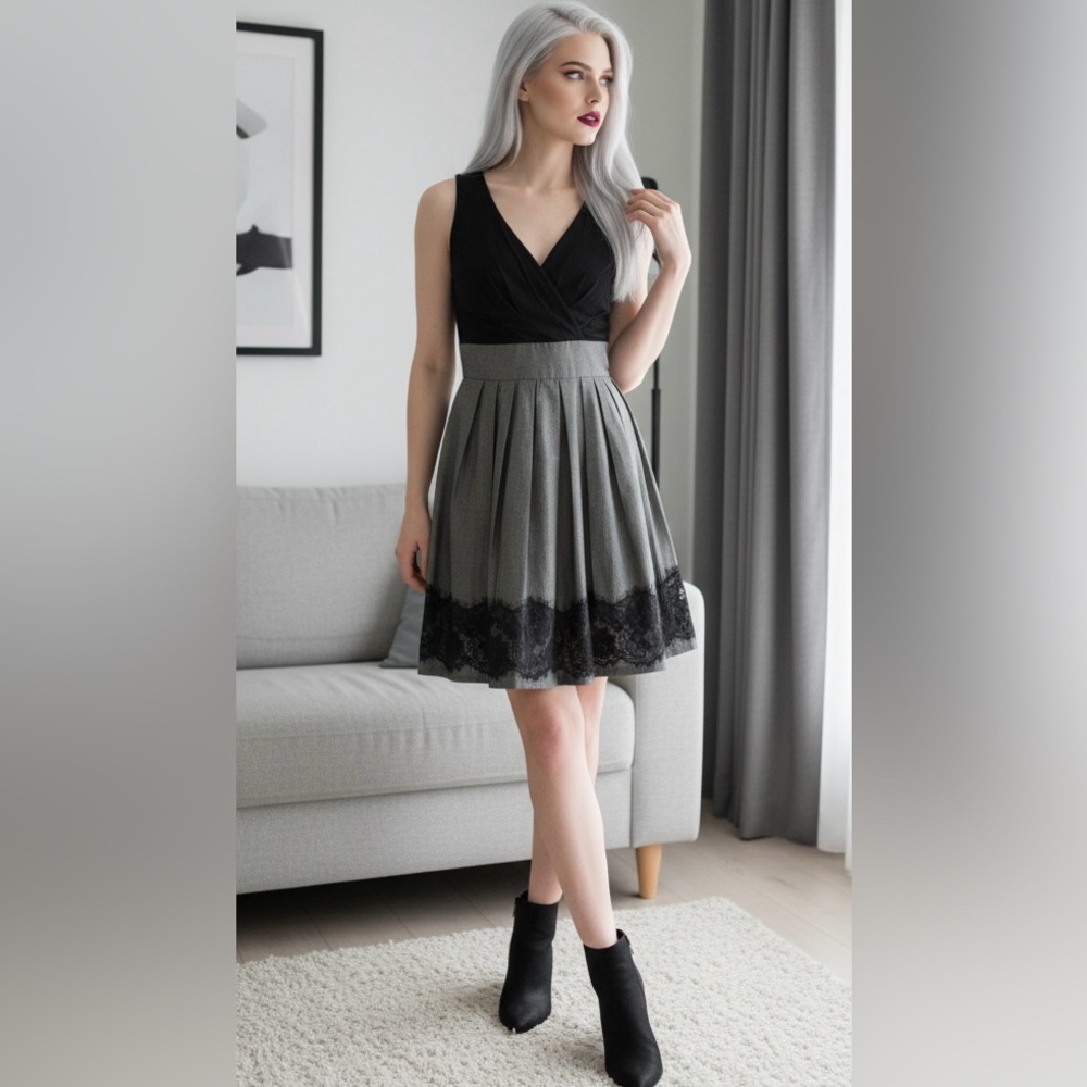 EUC Max Rave SZM Gray/black sleeveless pleated faux wrap mini dress/bust 32”-36”